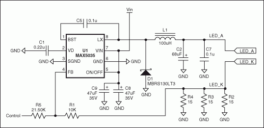 基于固定頻率、高集成度PWM開關(guān)轉(zhuǎn)換器MAX5035的高亮度LED電源原理圖