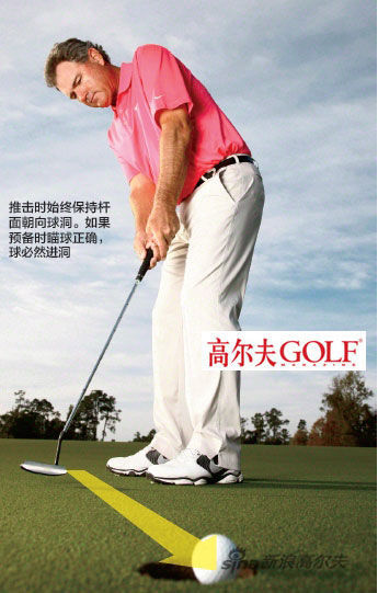 推擊時始終保持桿 面朝向球洞。如果 預(yù)備時瞄球正確， 球必然進洞